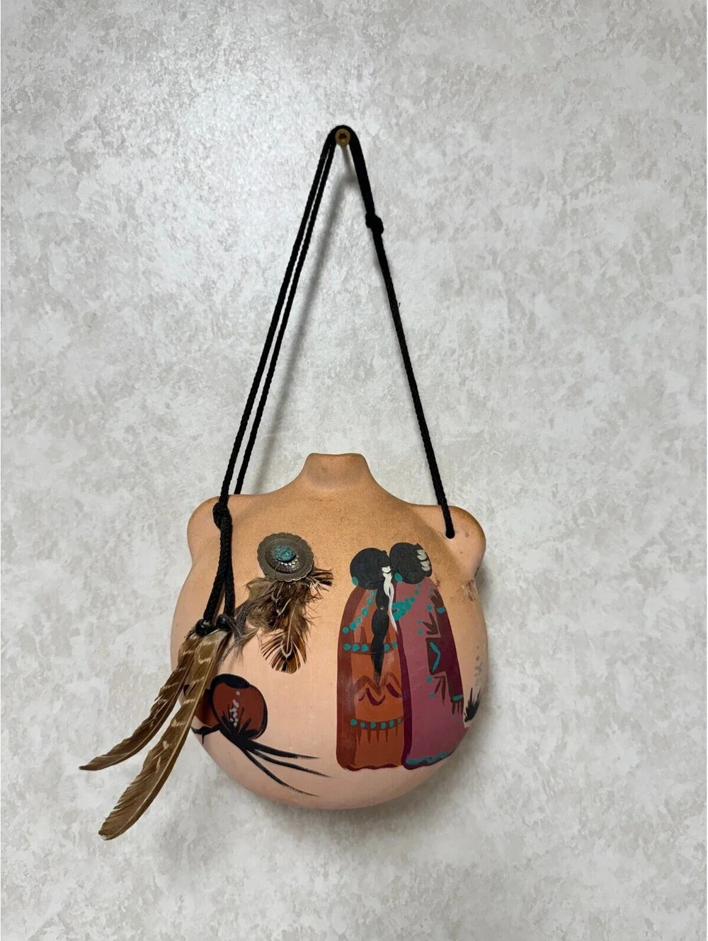 Terracotta Native American Style Canteen Wall Hanging Pot Feathers